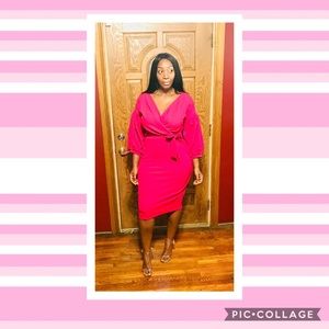 off the shoulder wrap midi bodycon dress